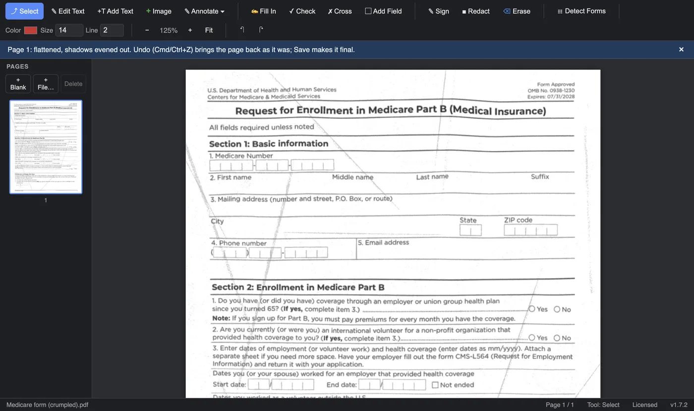 A crumpled Medicare enrollment form after Clean Up Scan: flat, evenly lit, white paper, only faint traces of the creases left