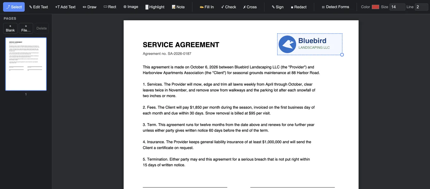 A Bluebird Landscaping logo placed in the top corner of a service agreement, selected, with its move frame and resize handle
