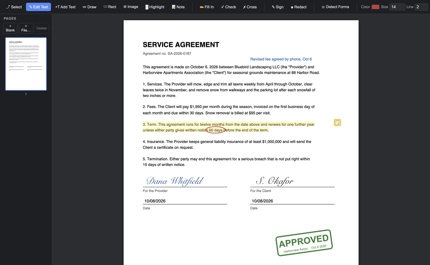 A service agreement with its fee changed in place, a highlighted clause, a sticky note, an added line of text, two signatures, dates and a green APPROVED stamp