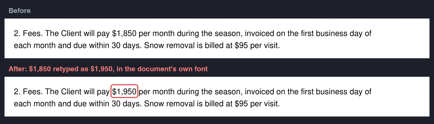 A line of a service agreement before and after Edit Text: the monthly fee $1,850 retyped as $1,950 in the same font
