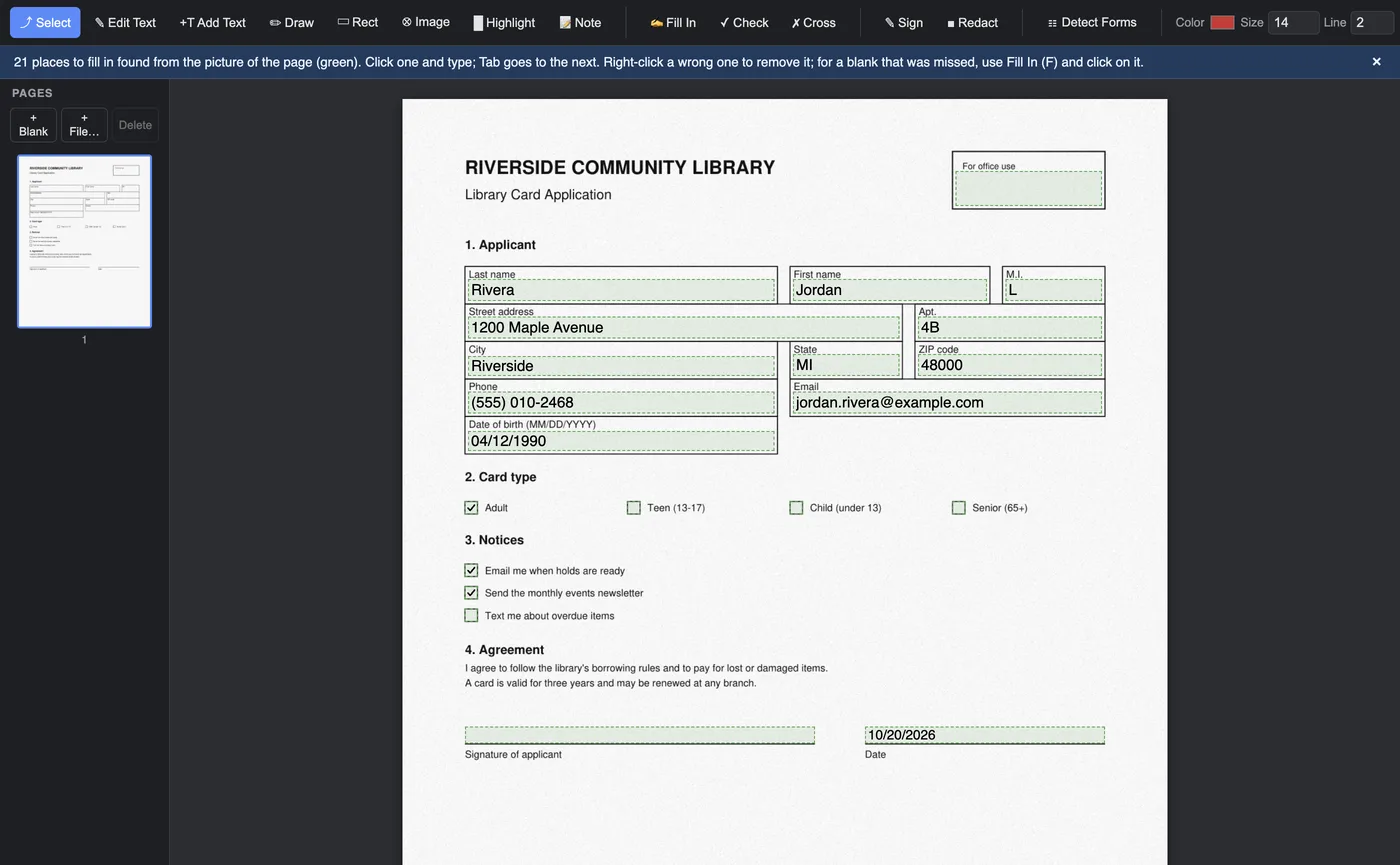 A scanned library card application with its boxes found and filled in, and three boxes ticked
