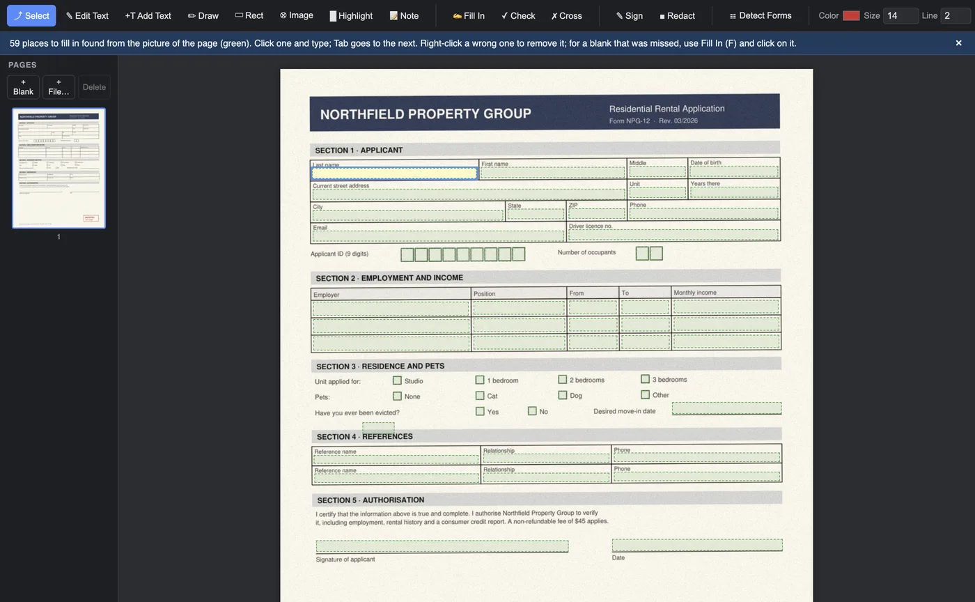 A flat rental application with its boxes, table cells, writing lines and check boxes turned into green fields by Detect Forms