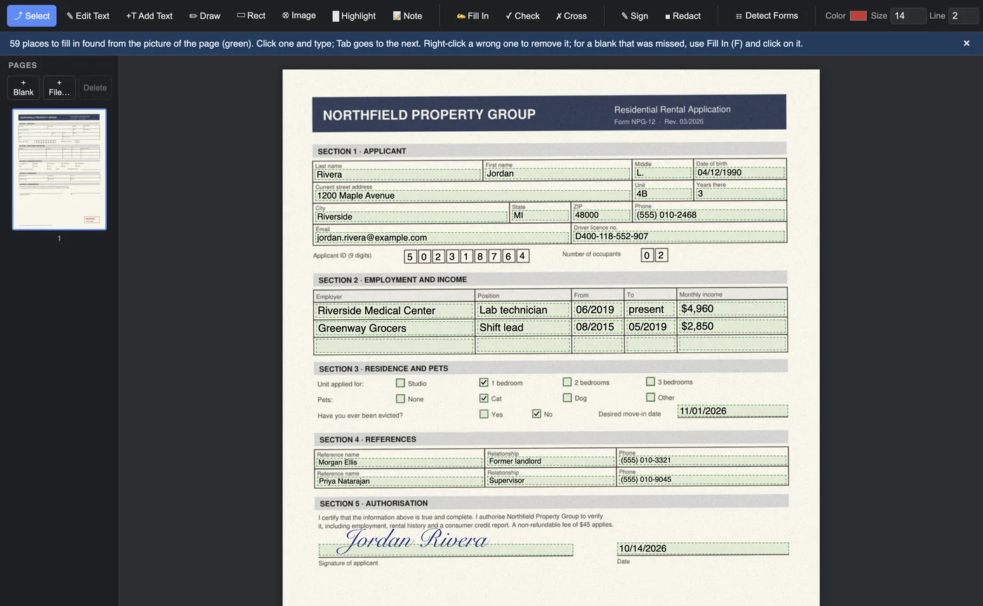 The same scanned rental application filled in: every box typed, boxes ticked, ID digits in their cells and a signature on the line