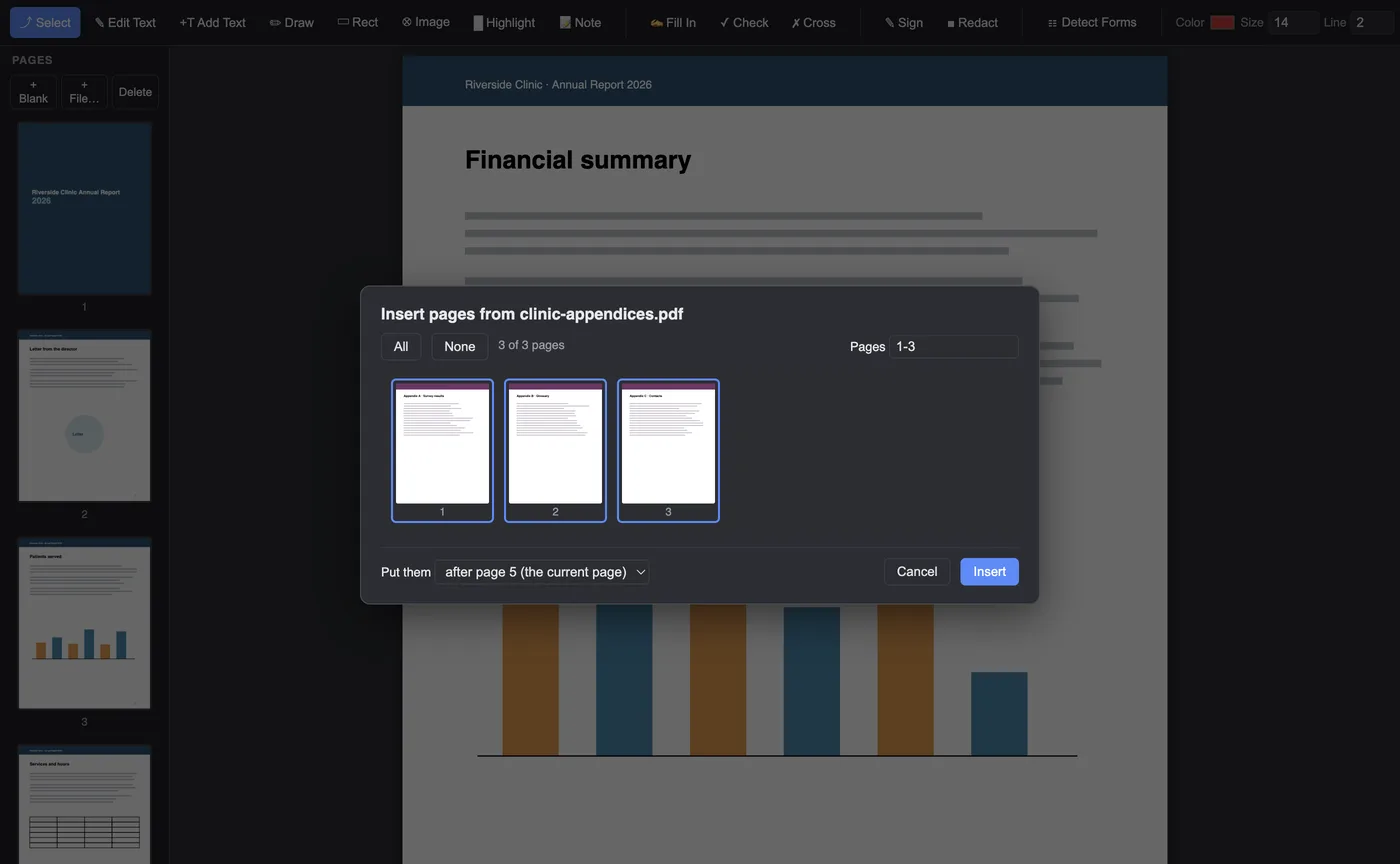 An eight-page annual report with its Pages panel, and the window for inserting three appendix pages from another PDF after page 5