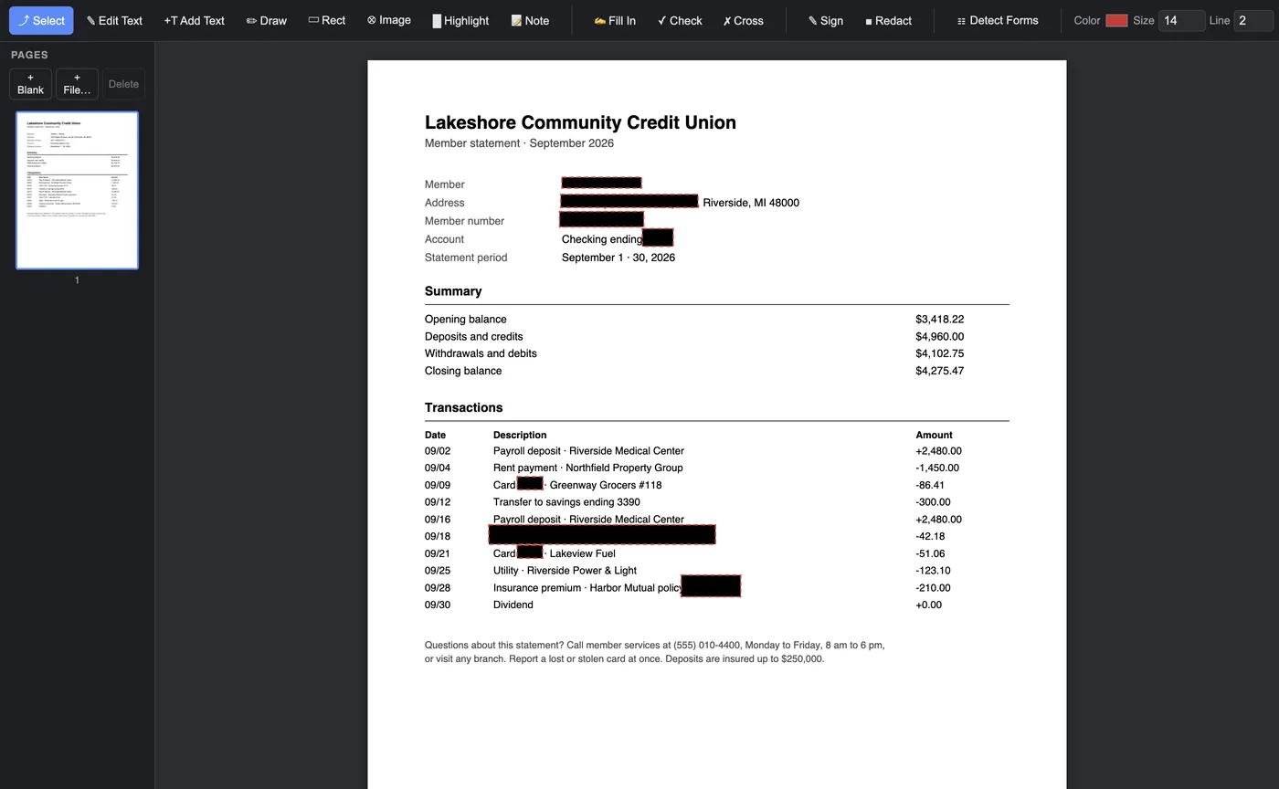 A bank statement with a member name, an address, an account number, card digits and a policy number marked for redaction